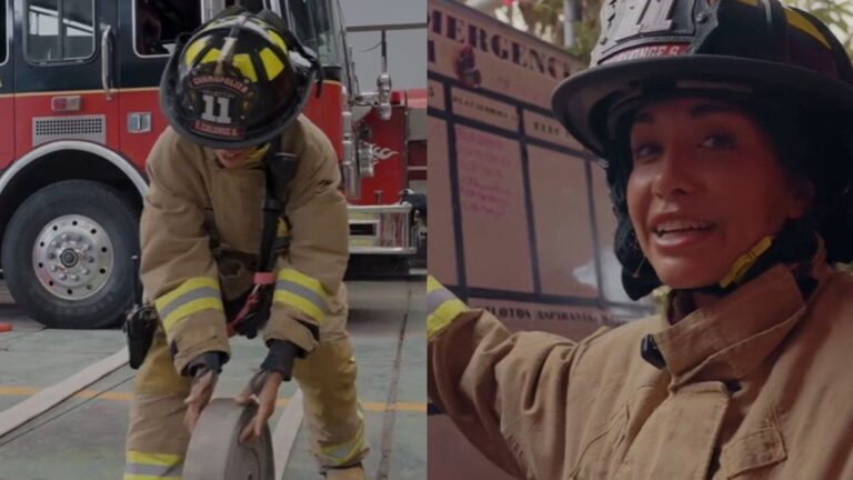 María Becerra se convirtió en bombera voluntaria por un día: las fotos del llamativo momento