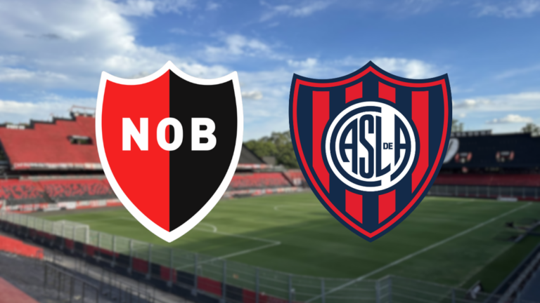 Escudos de Newell's Old Boys y San Lorenzo enfrentados, con el estadio Marcelo Bielsa de fondo.