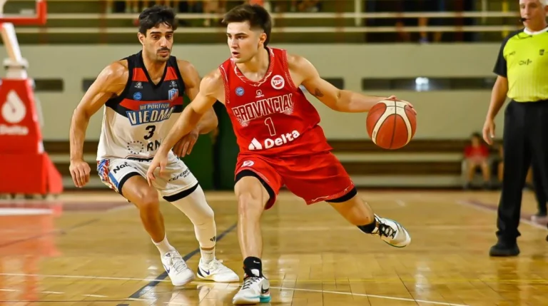Ilustración del enfrentamiento entre Provincial de Rosario y Deportivo Viedma en la Liga Argentina de Básquetbol.