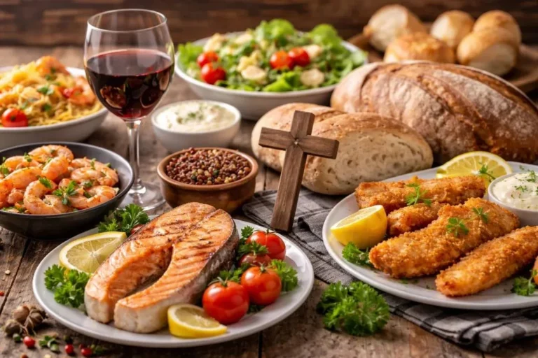 Plato de pescado y alimentos típicos de la Cuaresma en una mesa, representando la tradición de no comer carne en Semana Santa.