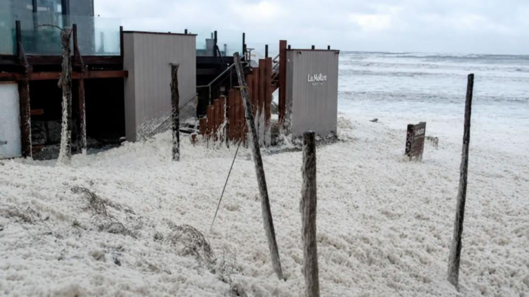 Playas de la Costa Atlántica cubiertas de espuma marina tras el temporal