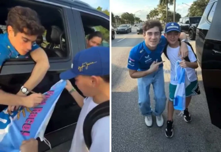 Franco Colapinto firmando autógrafos a un niño fanático argentino en Miami
