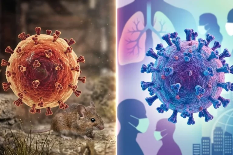 Ilustración de partículas de hantavirus y SARS-CoV-2